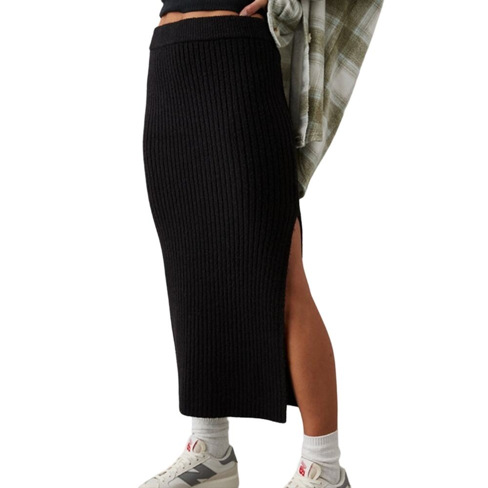 Aerie Black Ribbed Sweater Midi Skirt NWT Medium High Waist Slit Cozy Knit Skirt